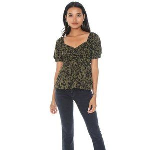 LOST IN LUNAR Khaki Black Animal Print Puff Sleeve Shirred Blouse Top